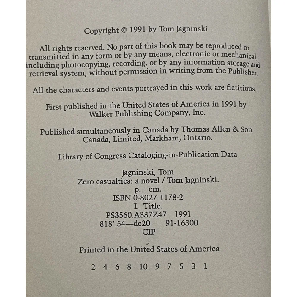 Zero Casualties A Novel By Tom‎ Jagninski 1991